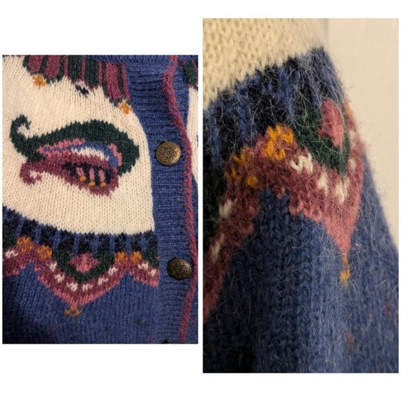 Handmade Knitted Cardigan - purple/blue with white and paisley design - Picture 2 of 9